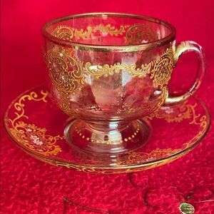 Antique Demitasse Glass Cup Saucer Bohemian Gold Gilded Scrolling